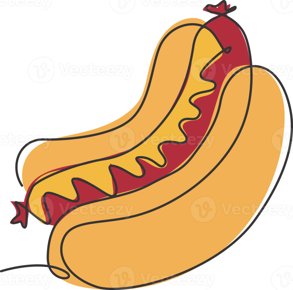 eine einzige Strichzeichnung der grafischen Vektorillustration des frischen amerikanischen Hotdog-Logos. Fast-Food-Sandwich-Café-Menü und Restaurant-Abzeichen-Konzept. modernes Street-Food-Logo mit durchgehender Linienführung png