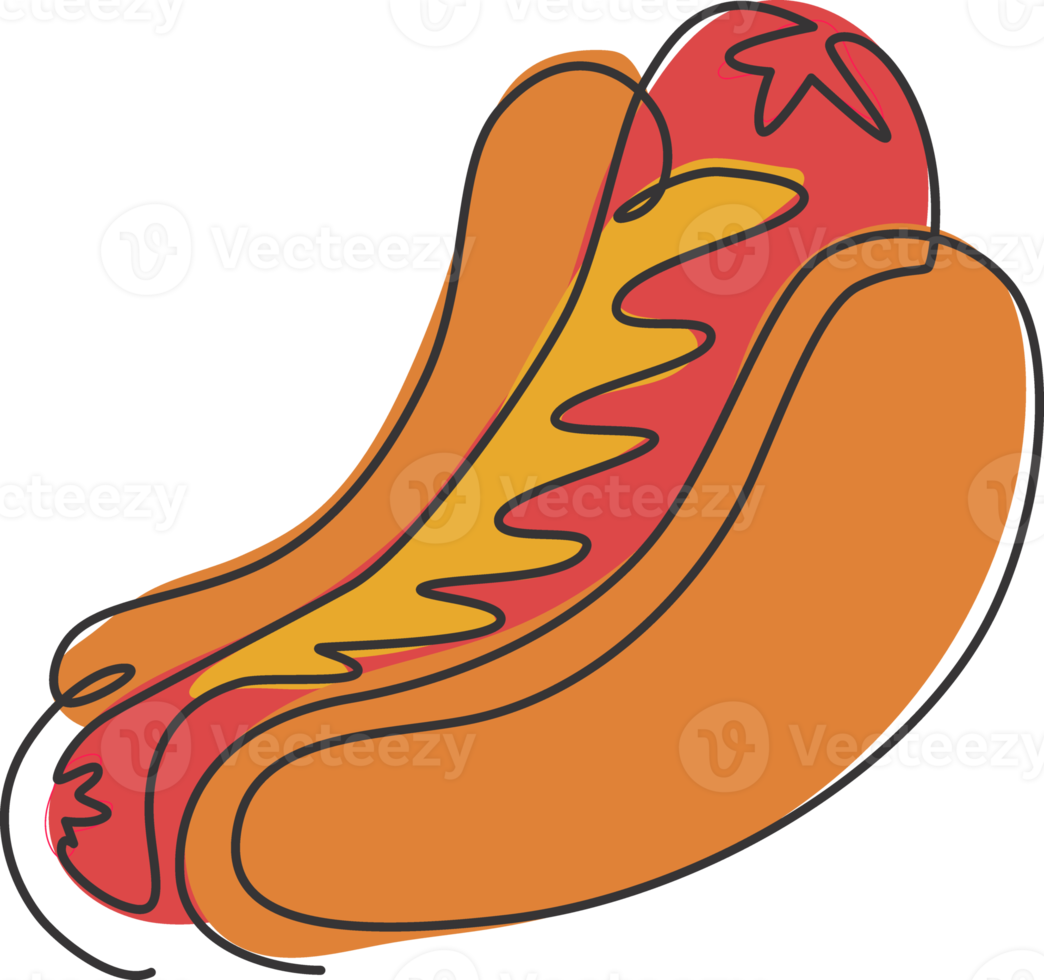 en kontinuerlig linjeteckning av färsk läcker amerikansk korvrestaurangs logotyp. snabbmat hotdog café butik logotyp mall koncept. moderna en rad rita vektor design grafisk illustration png