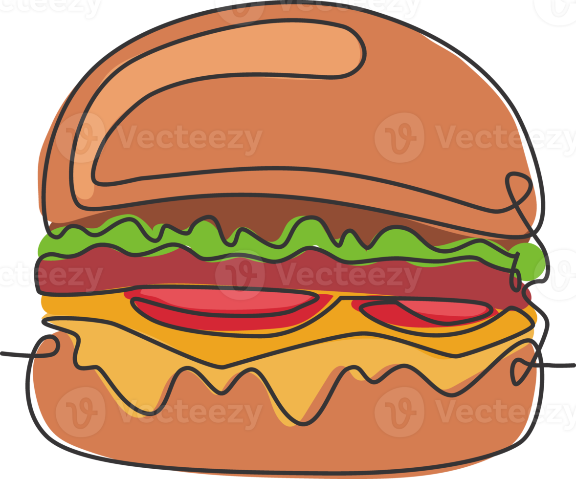 dibujo de una sola línea continua de la etiqueta del logotipo de la hamburguesa americana. Emblema concepto de restaurante sándwich de comida rápida. ilustración de vector de diseño de dibujo de una línea moderna para cafetería, tienda o servicio de entrega de alimentos png