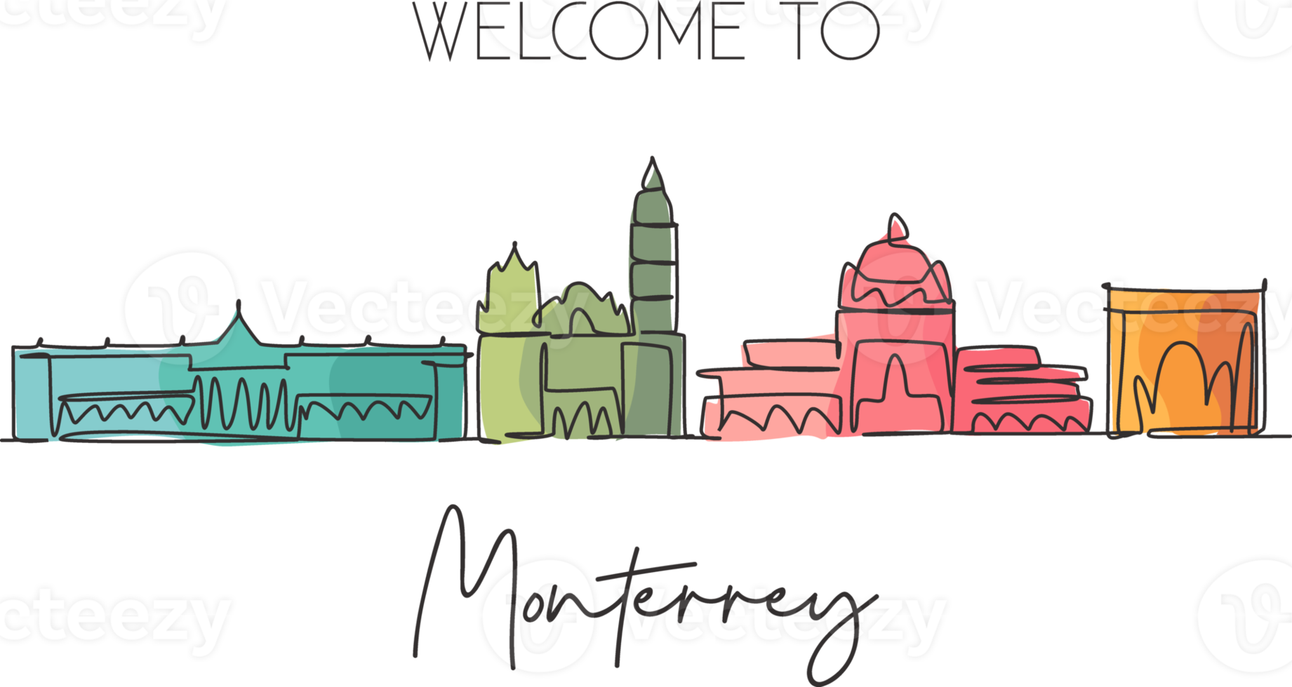 Single continuous line drawing of Monterrey skyline, Mexico. Famous city scraper landscape postcard. World travel destination concept. Editable stroke modern one line draw design vector illustration png