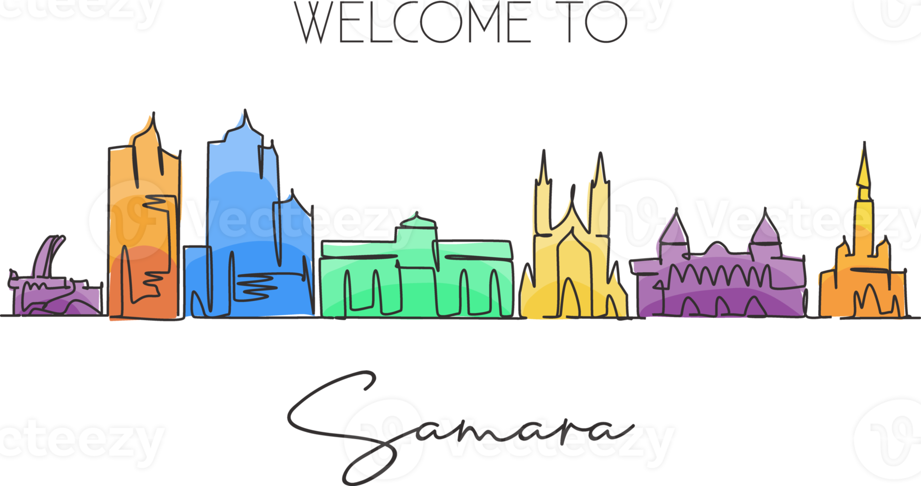 One single line drawing Samara city skyline, Russia. World historical town landscape postcard. Best place holiday destination. Editable stroke trendy continuous line draw design vector illustration png