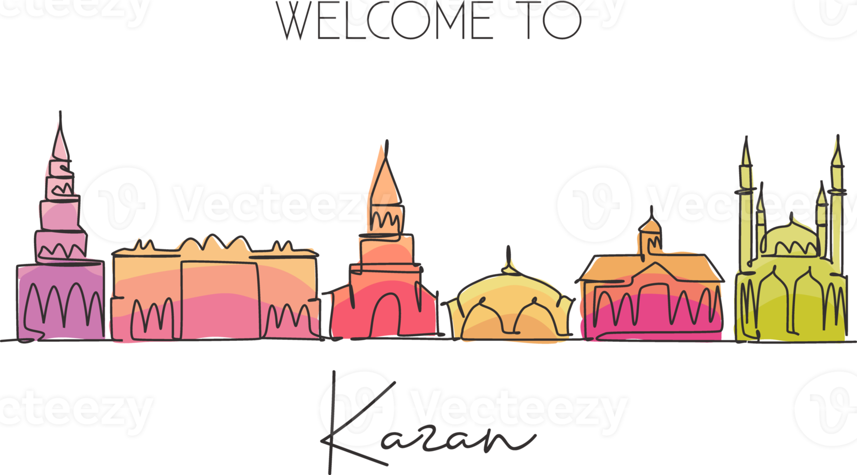 Single continuous line drawing of Kazan skyline, Russia. Famous city scraper landscape postcard print. World travel destination concept. Editable stroke modern one line draw design vector illustration png
