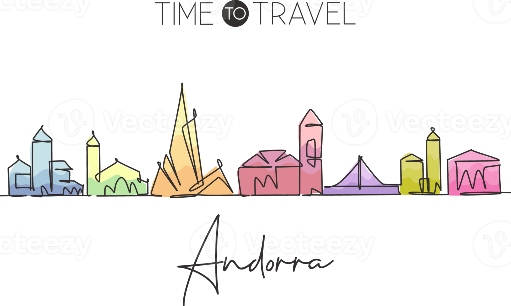 One continuous line drawing of Andorra la Vella city skyline. Beautiful landmark postcard. World landscape tourism travel vacation. Editable stylish stroke single line draw design vector illustration png