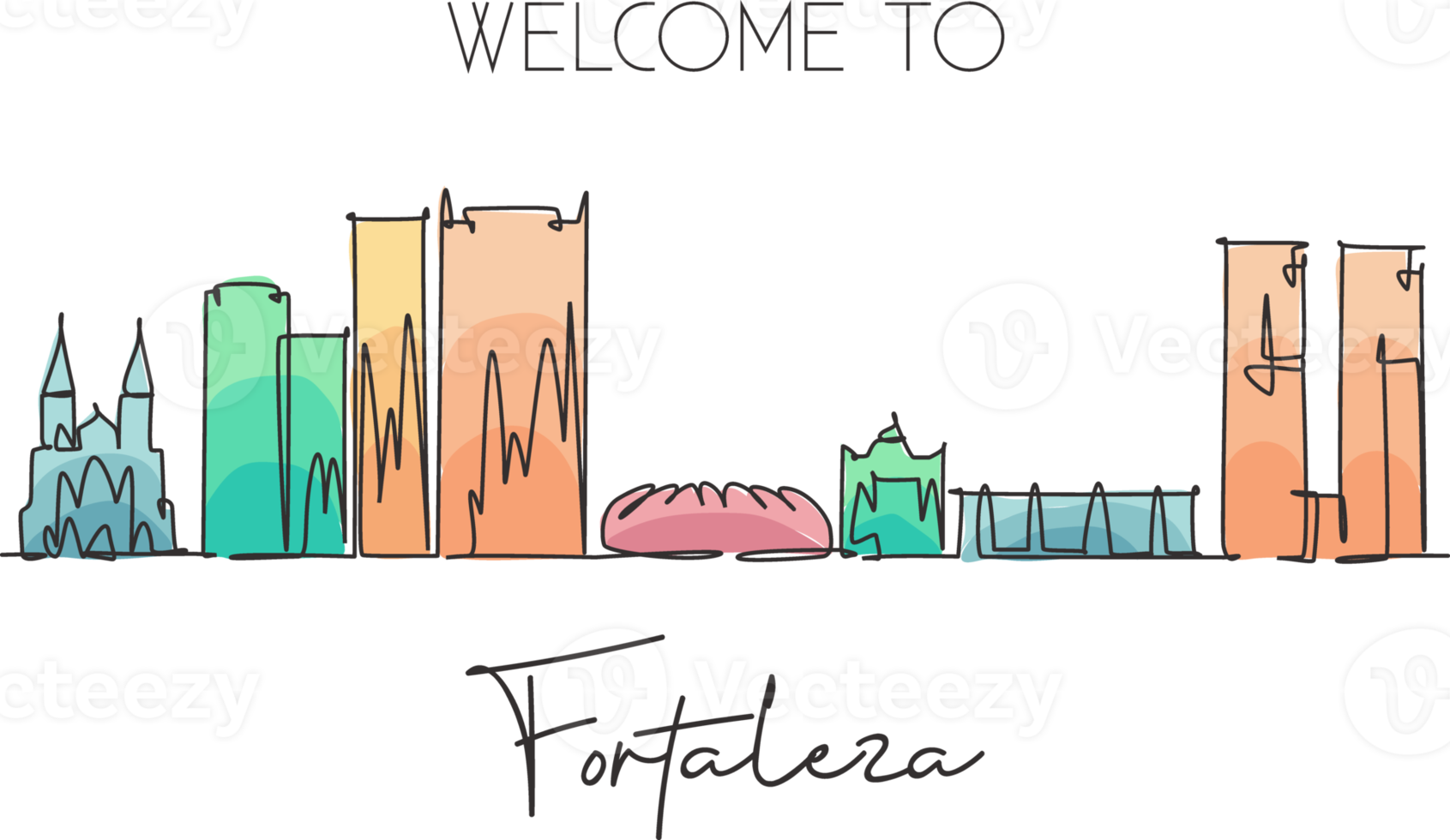 One continuous line drawing Fortaleza city skyline Brazil. Beautiful landmark postcard. World landscape tourism and travel vacation. Editable stylish stroke single line draw design vector illustration png