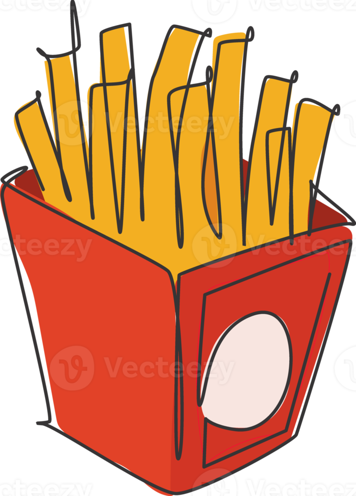 One single line drawing of fresh french fries logo vector illustration. Potato long stick fast food cafe menu and restaurant badge concept. Modern continuous line draw design street food logotype png