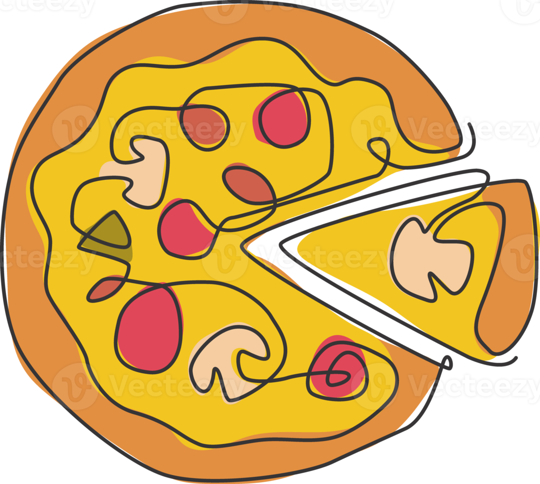 One single line drawing of fresh Italian pizzeria logo vector graphic art illustration. Fast food pizza cafe menu and restaurant badge concept. Modern continuous line draw design street food logotype png