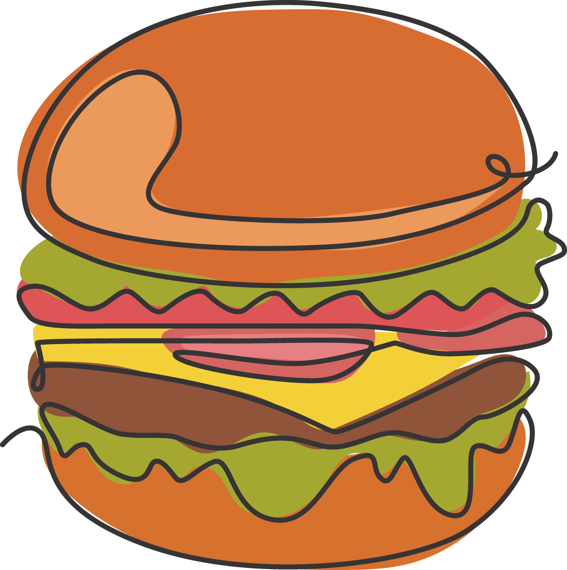 Single continuous line drawing American burger logo label. Emblem fast