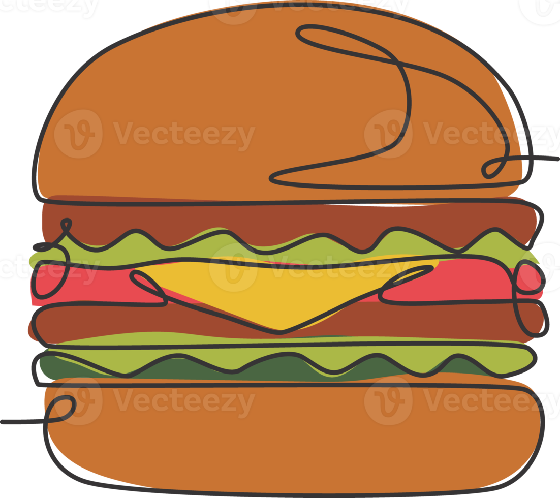 un dibujo de línea continua de la insignia del logotipo del restaurante de hamburguesa con queso americano fresco y delicioso. concepto de plantilla de logotipo de tienda de cafetería de hamburguesas de comida rápida. ilustración de vector de diseño de dibujo de línea única moderna png