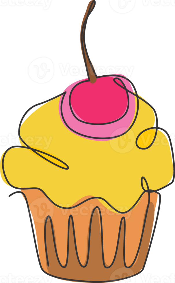 eine einzige Strichzeichnung von frischem Muffin mit Kirschkuchen-Online-Shop-Logo-Vektorillustration. Süßgebäck-Café-Menü und Restaurant-Abzeichen-Konzept. Modernes Keks-Logo mit durchgehender Linie png