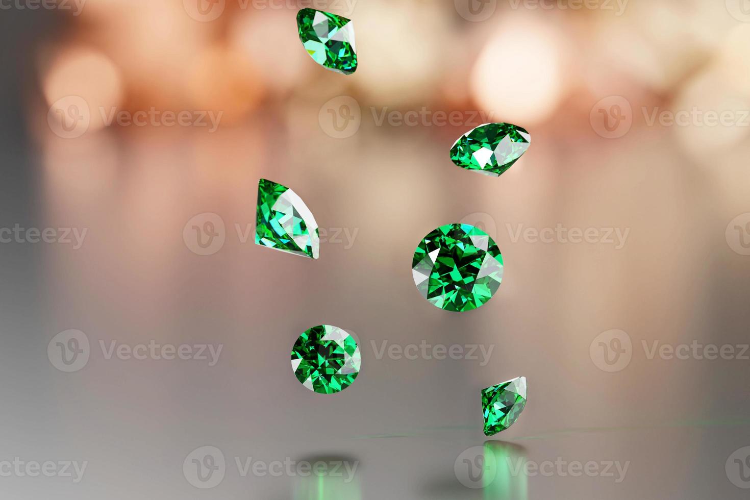 Green emerald gem crystal diamond group falling background soft focus with light bokeh 3d rendering photo