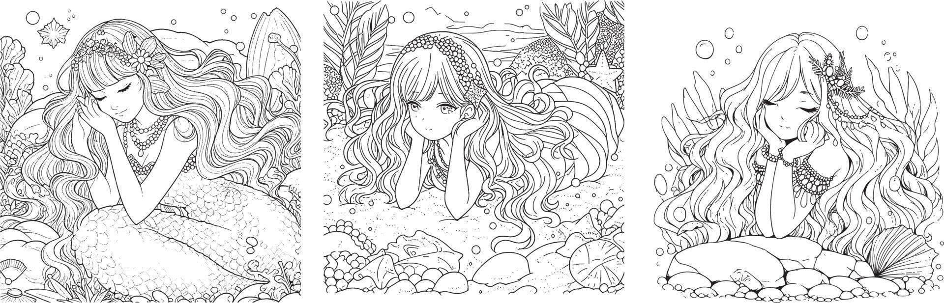 Cute mermaid swimming in the ocean Coloring Page vector