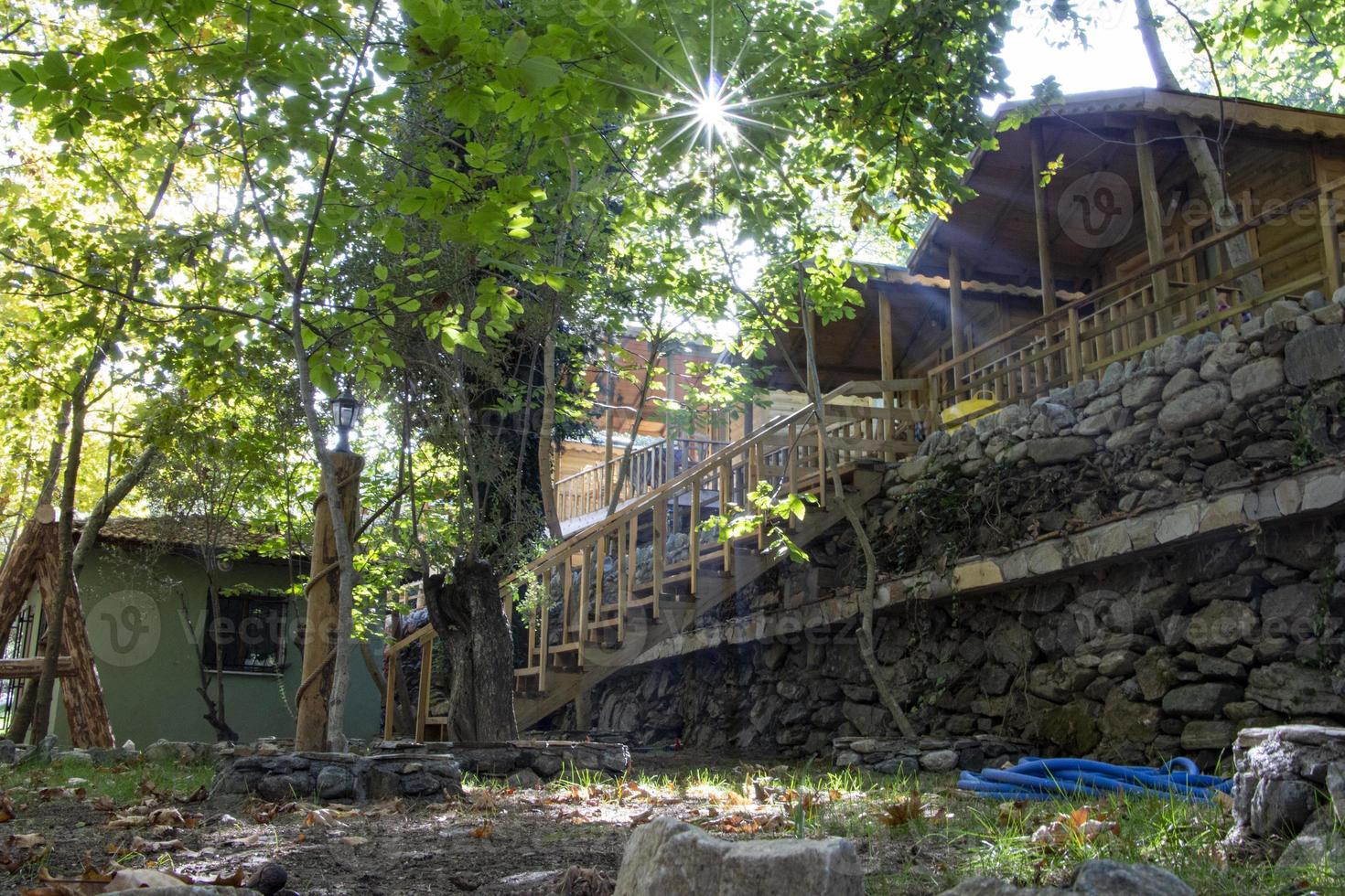 Old house in the middle of the forest with a wooden staircase. photo