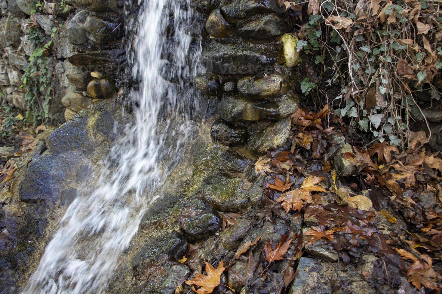 Waterfall in the autumn forest with fallen leaves on the rocks. Small waterfall in the forest. Mountain landscape. photo