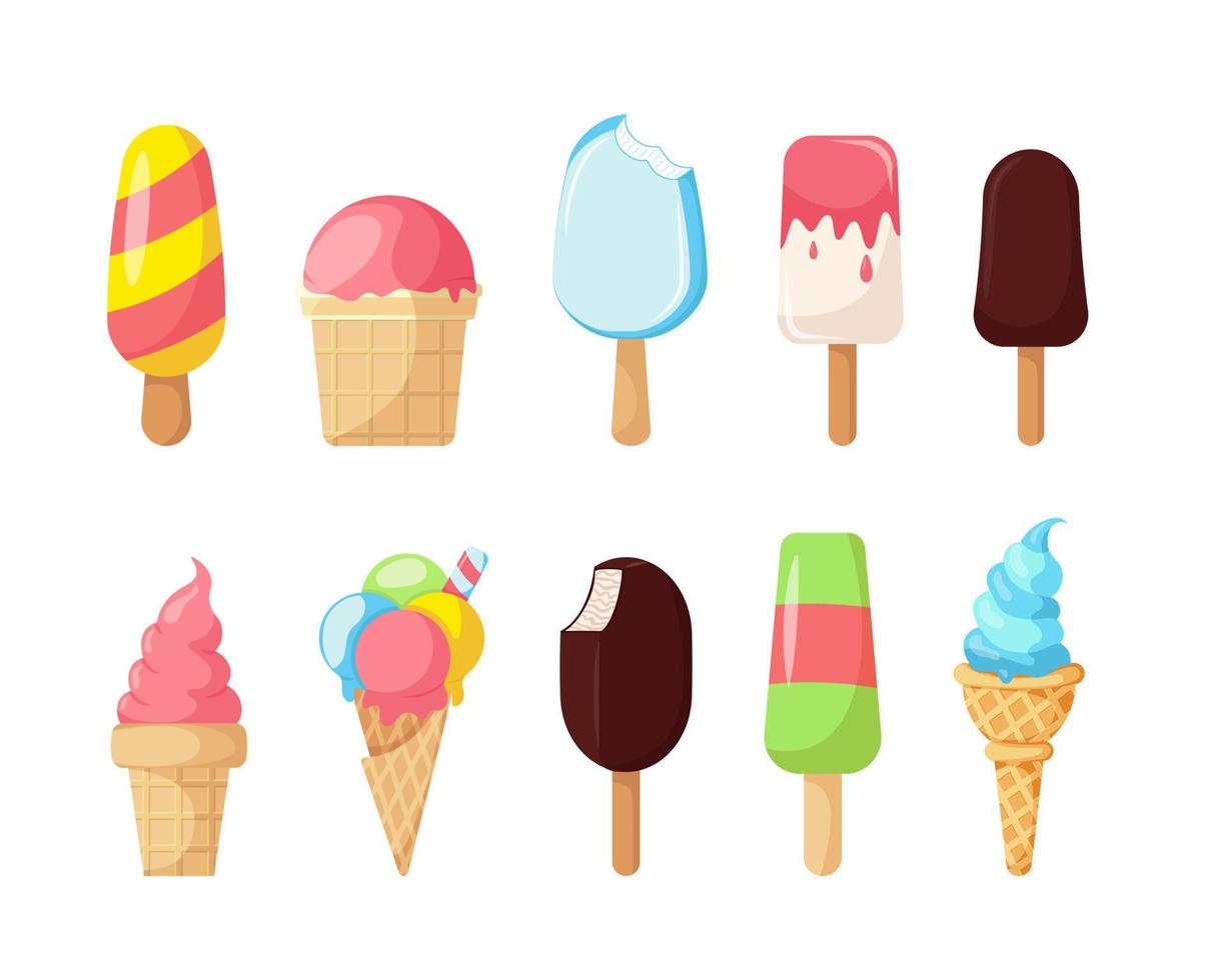 Big set of various ice cream. Assorted ice cream. Ice cream in pink glaze on stick. Vanilla fruit popsicle in chocolate. Bitten ice cream. Sweet summer dessert. Eskimo pie. Vector illustration