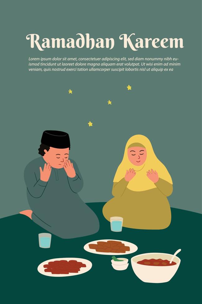 muslim couple praying at night vector