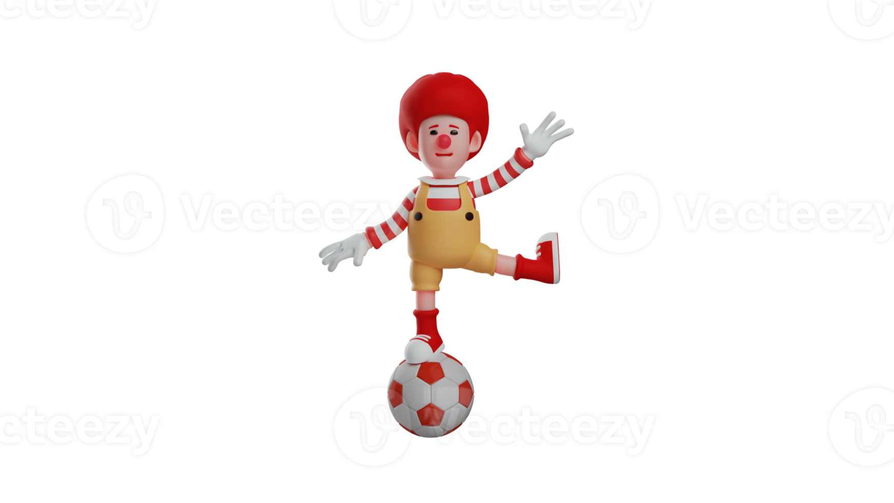 3D illustration. Clown 3D cartoon character. Clown is performing at a birthday party. Clown stands on a ball with one foot. Clown stretched out his arms to maintain balance. 3D cartoon character png