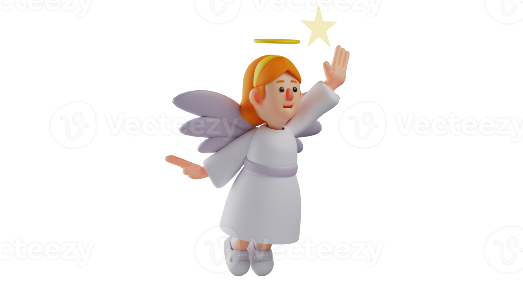 3d ilustração. bonita anjo 3d desenho animado personagem. amigáveis anjo dentro vôo pose. a lindo anjo acenou dela mão e acima dela estava uma brilhando estrela. 3d desenho animado personagem png