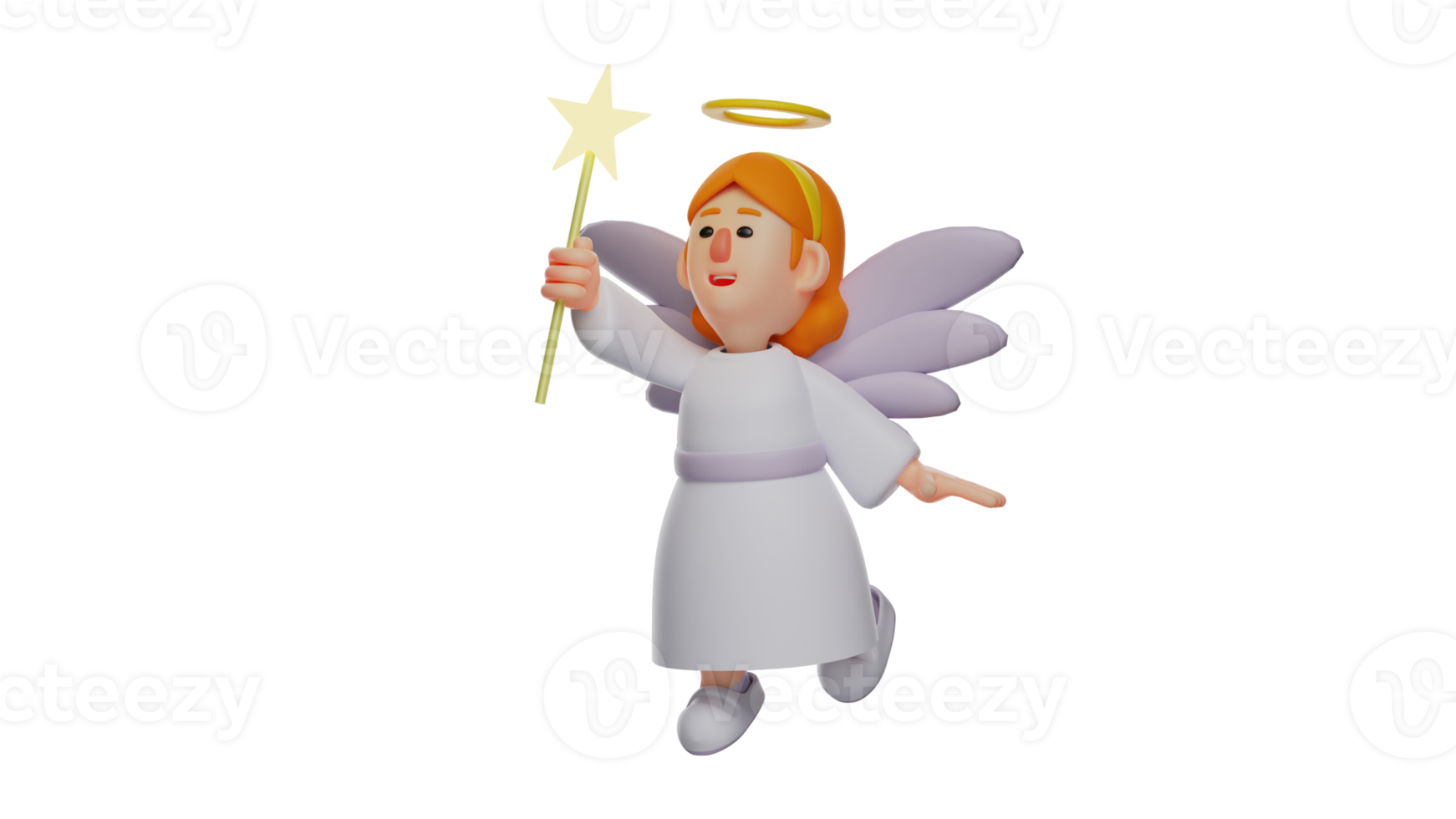 3D illustration. Beautiful Fairy 3D Cartoon Character. The fairy brings her magic wand. Beautiful fairy in flying pose and brandishing her shining wand. 3D cartoon character png