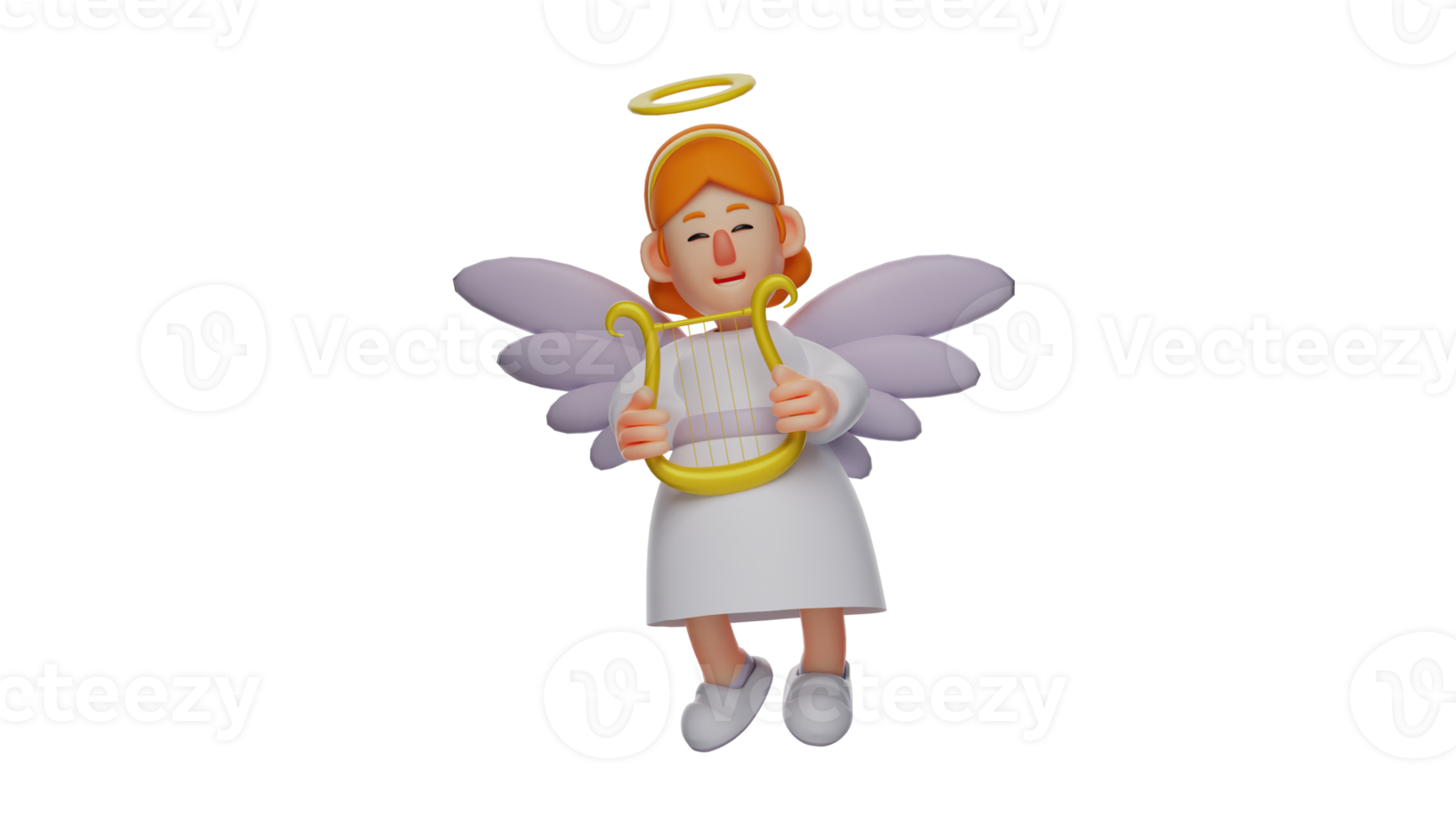 3d ilustração. pequeno anjo 3d desenho animado personagem. lindo anjo segurando uma musical instrumento usando ambos mãos. pequeno anjo sorridente Felizmente. 3d desenho animado personagem png