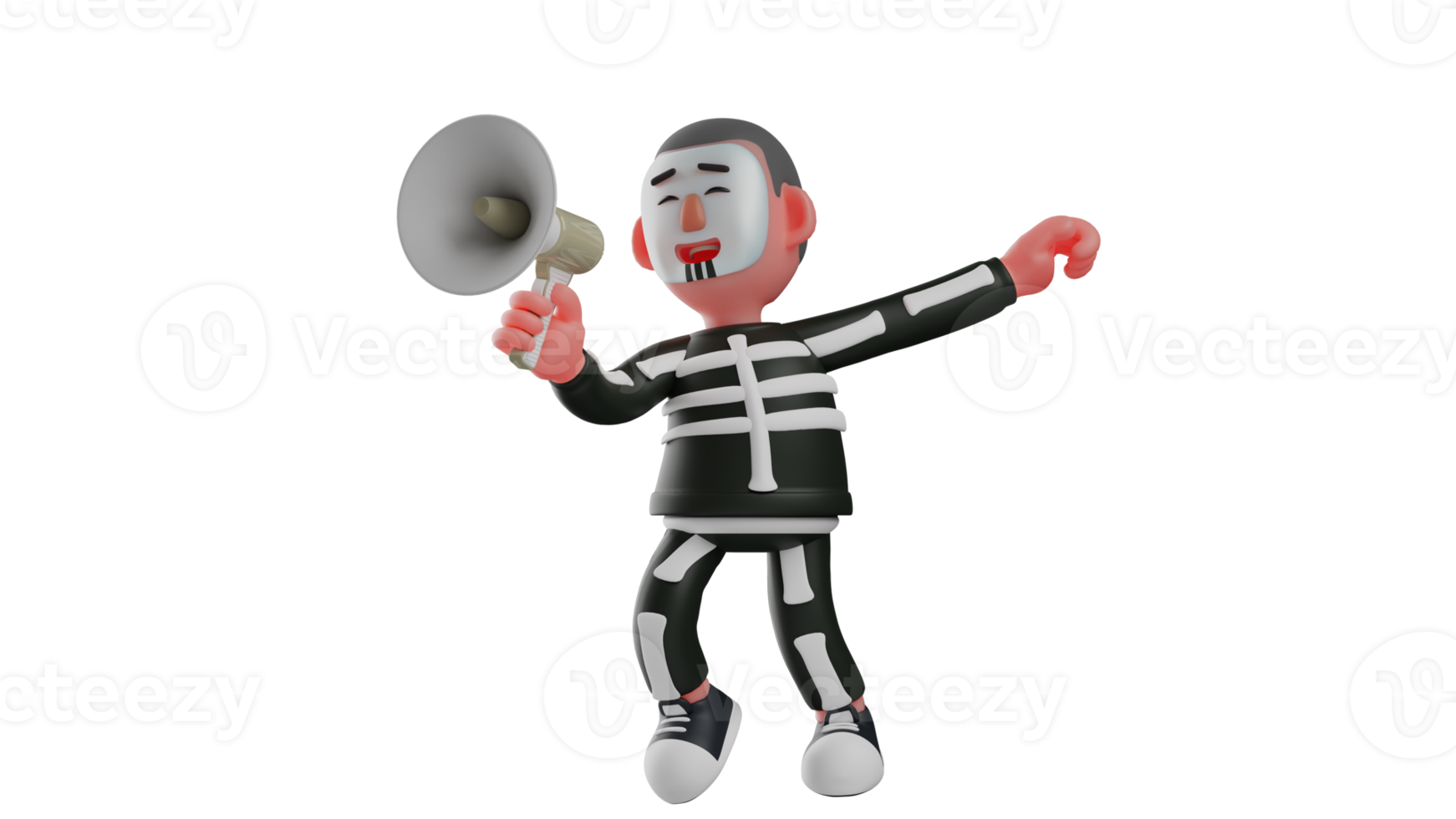 3D illustration. Happy Skeleton 3D cartoon character. The cheerful Skeleton was making an announcement using a megaphone. Skeleton looked really excited. 3D cartoon character png