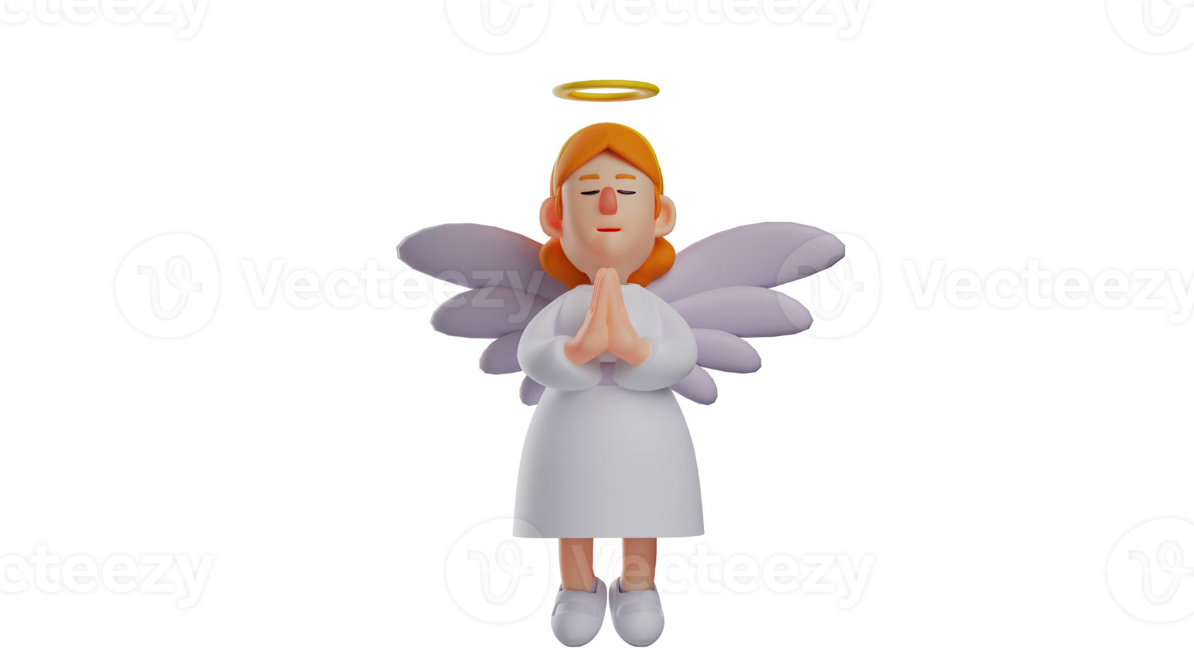 3D illustration. Graceful Angel 3D Cartoon Character. Beautiful angel cupped her hands in front of her chest. Beautiful angel praying while closing her eyes. 3D cartoon character png