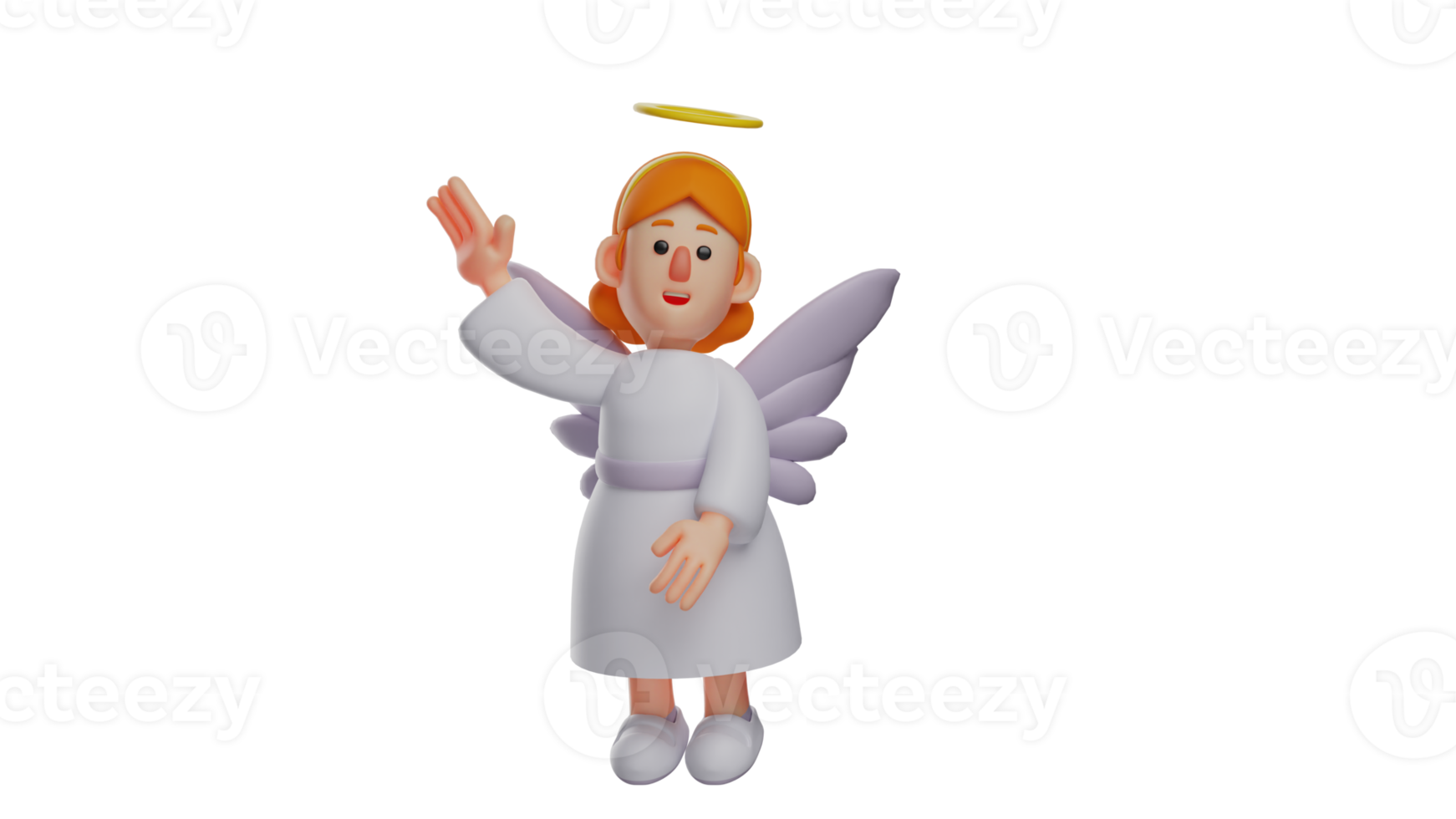 3d ilustração. amigáveis anjo 3d desenho animado personagem. lindo anjo sorridente docemente acenando dela mão. anjos gentilmente cumprimentar alguém elas encontrar. 3d desenho animado personagem png