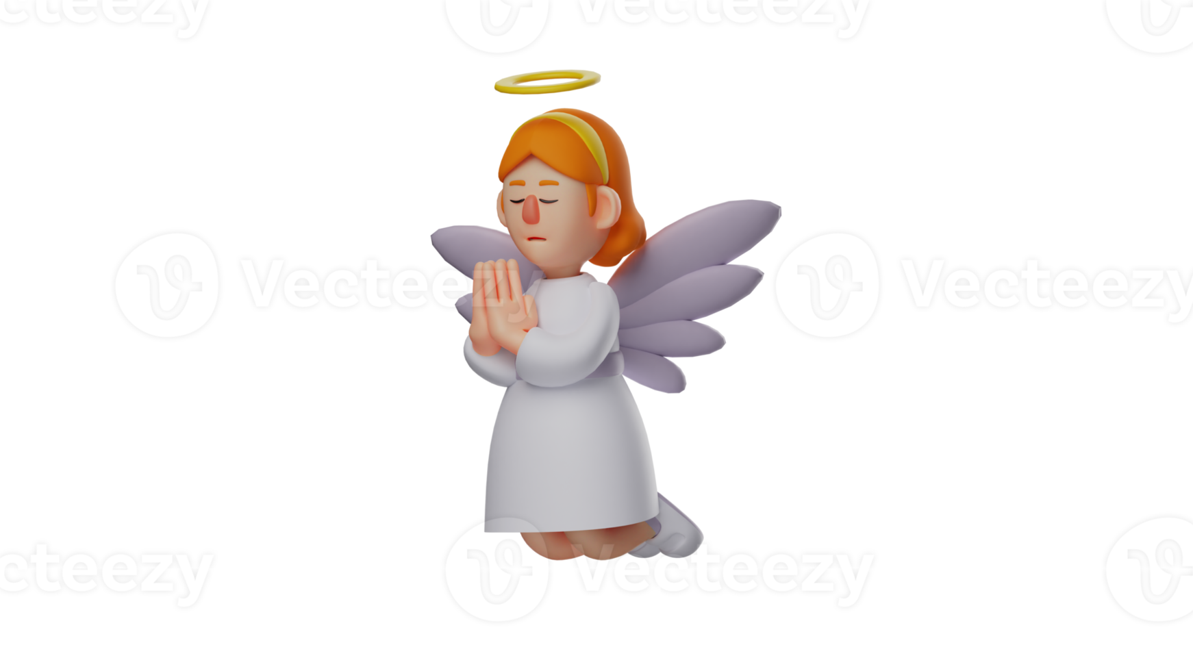 3D illustration. Sweet Angel 3D Cartoon Character. The angel cupped his hands and closed his eyes. A beautiful angel is praying fervently. 3D cartoon character png