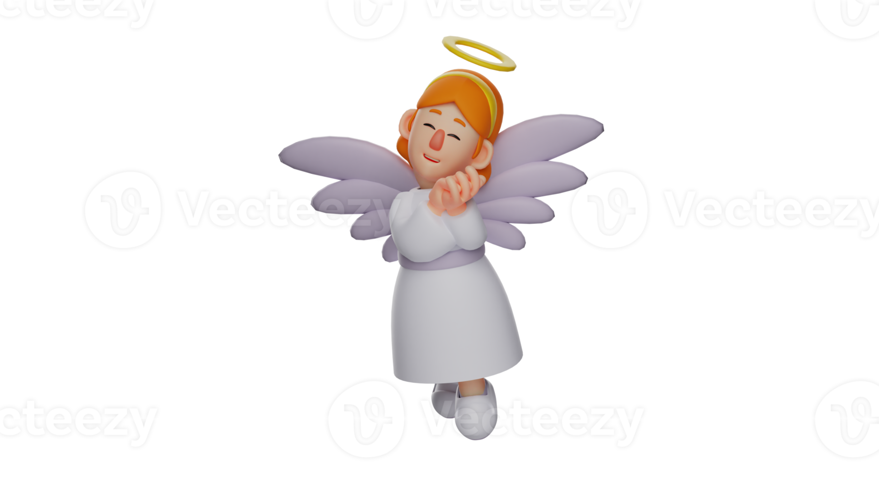 3D illustration. Adorable Fairy 3D Cartoon Character. Little elf with cute pose. The fairy closed her eyes and put her hand on her chin. The fairy smiled very sweetly. 3D cartoon character png