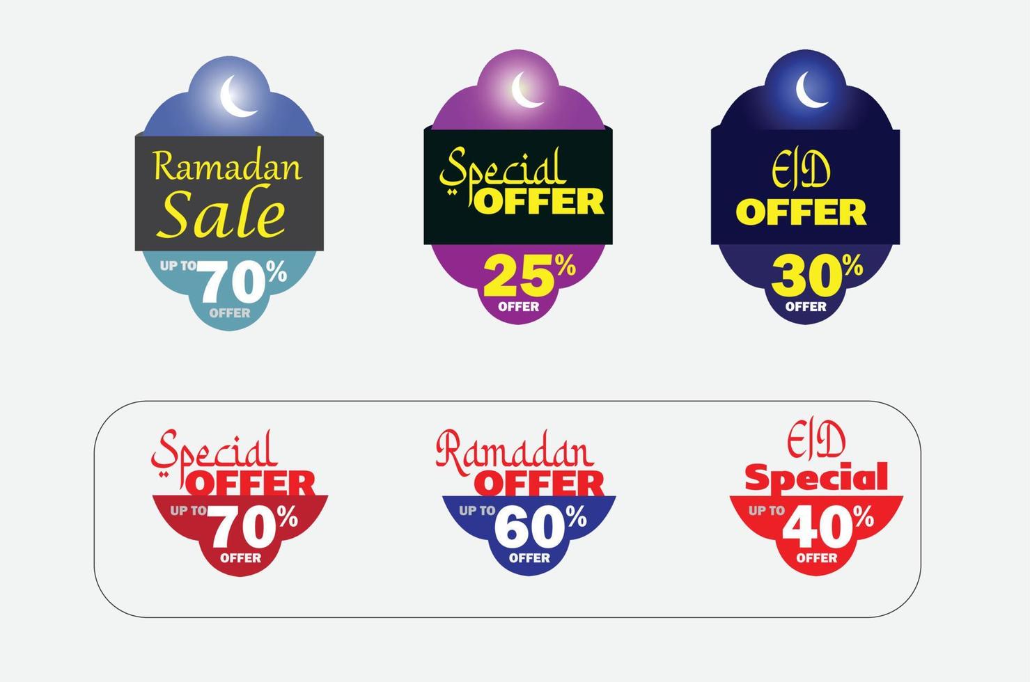 Special Ramadan illustrations. Offer set. Collection of scenes with Ramadan sale, Discount, Delivery, Cashback, Iftar party, Greeting card and Eid Mubarak,Trendy vector style