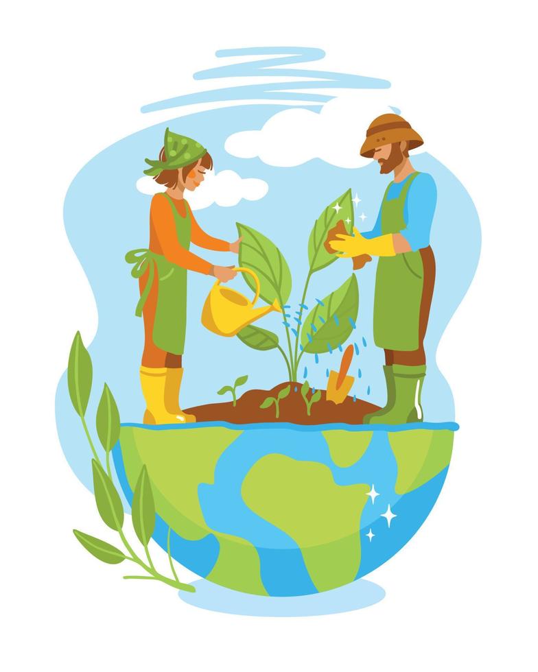 mundo ambiente día bandera. salvar el planeta, ilustración con personas tomando cuidado de el tierra. vector. vector