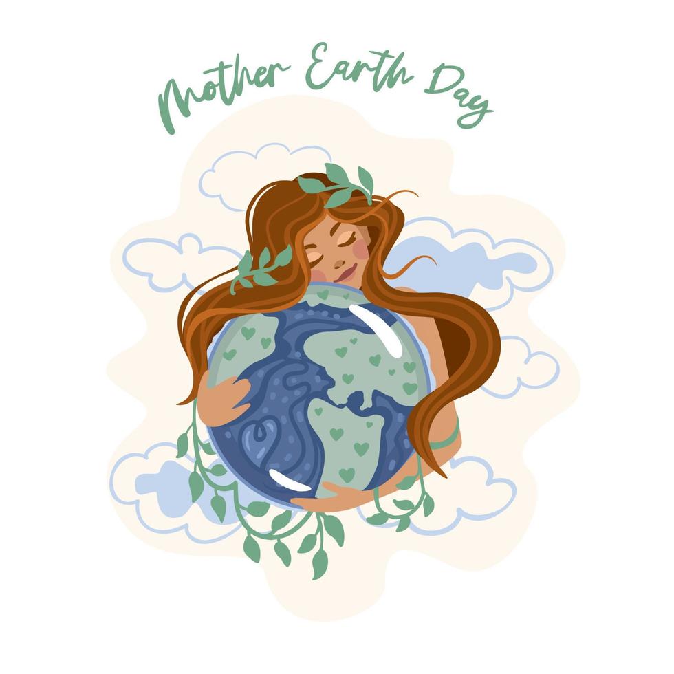 mujer abrazando el planeta. madre tierra día. internacional día festivo. vector ilustración.