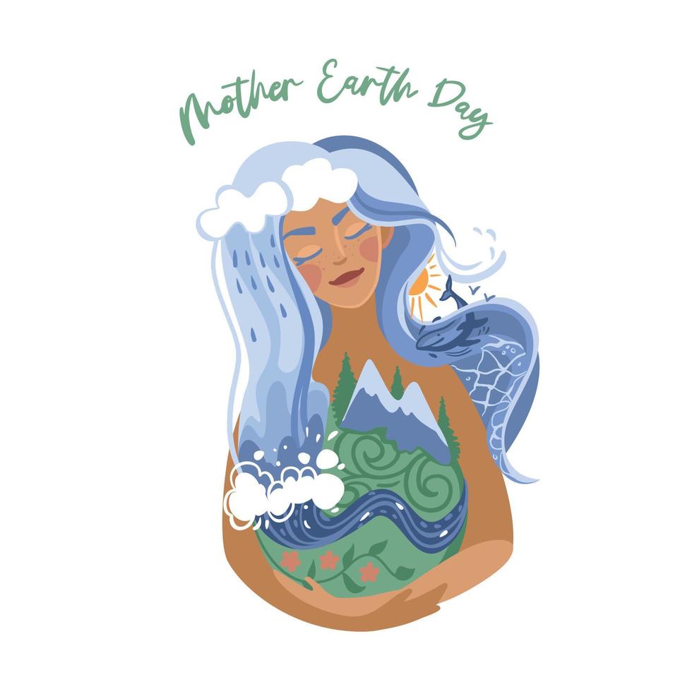 madre tierra día. mujer abrazando el planeta. natural mundo. internacional día festivo. vector ilustración.