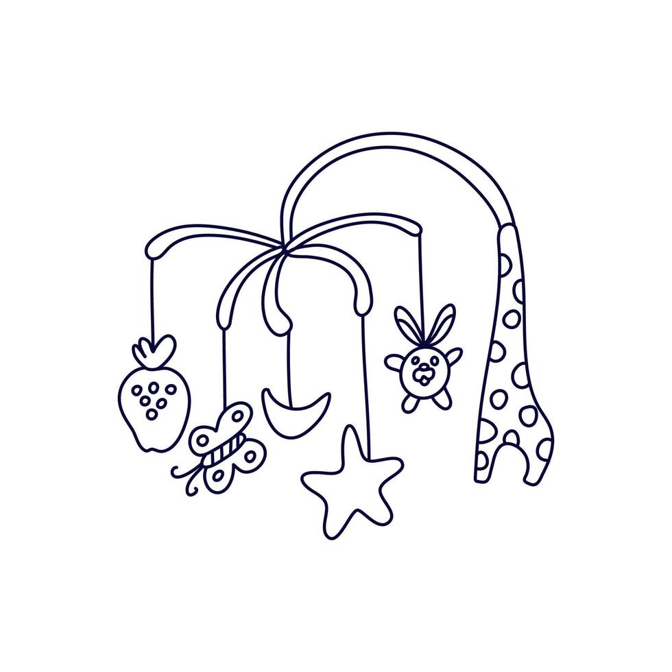 A baby crib mobile in doodle style. Rabbit, strawberry, moon, star and butterfly toys isolated outline. Hand drawn vector illustration in black ink on white background.