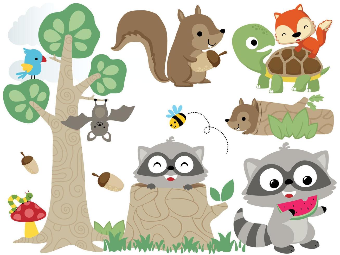 Vector set of forest animals cartoon, forest elements illustration