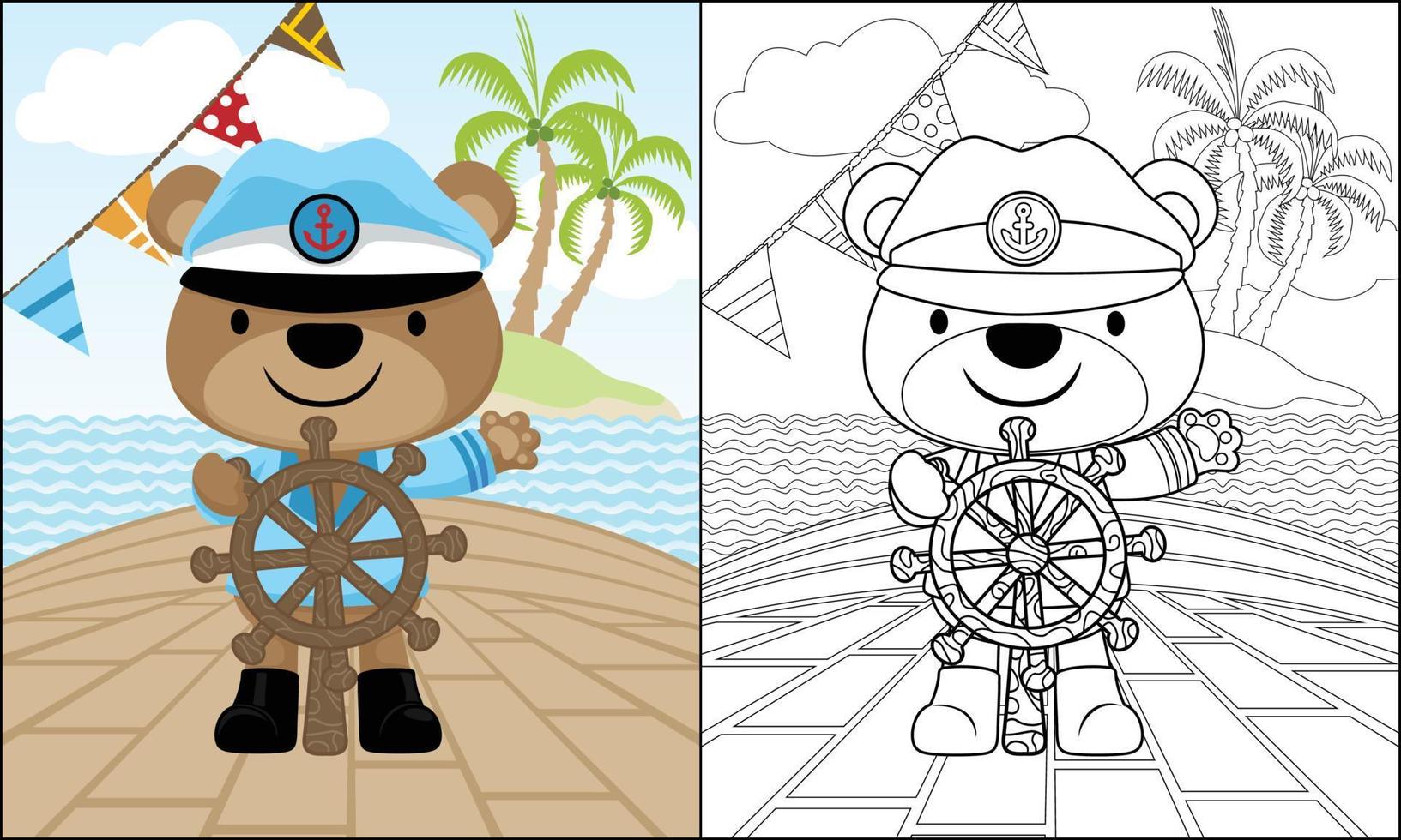 Vector cartoon of cute bear sailor holding steering wheel in a ship on sea background, coloring book or page