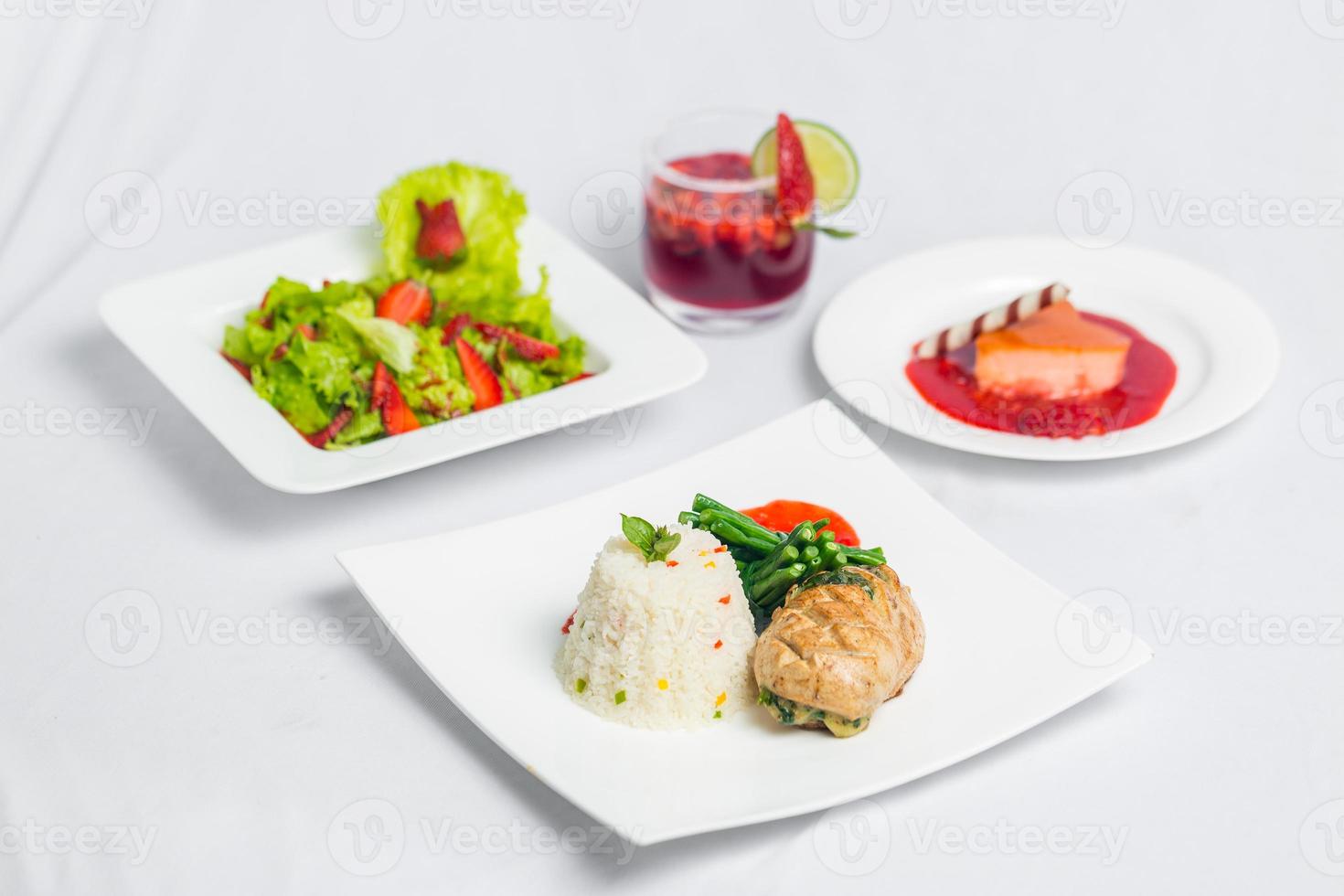 Valentine's day special dinner course food platter on isolated white background. Valentine's meal platter. Valentine's day food offer. photo