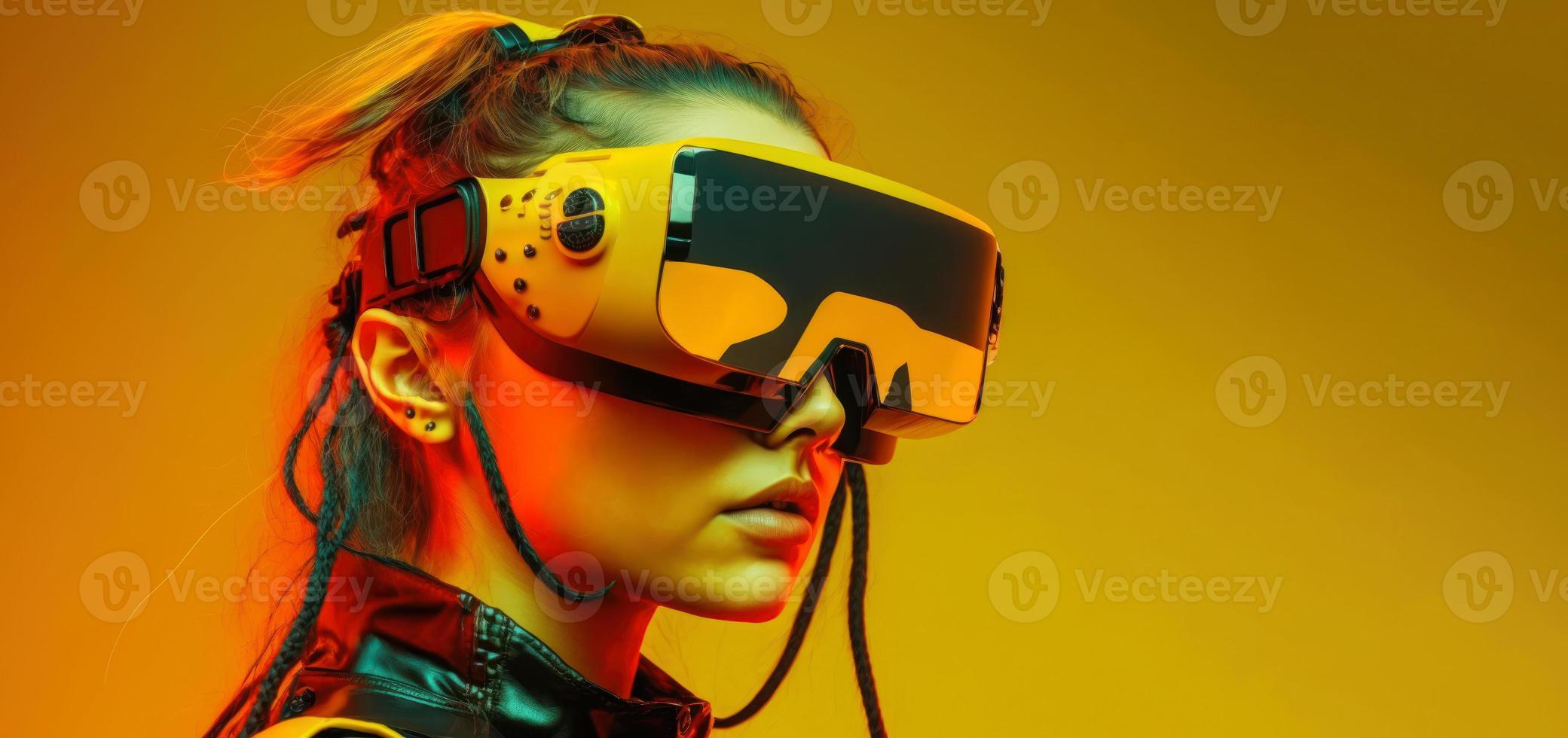 Side view of a young people put on VR glasses isolated over yellow background. photo