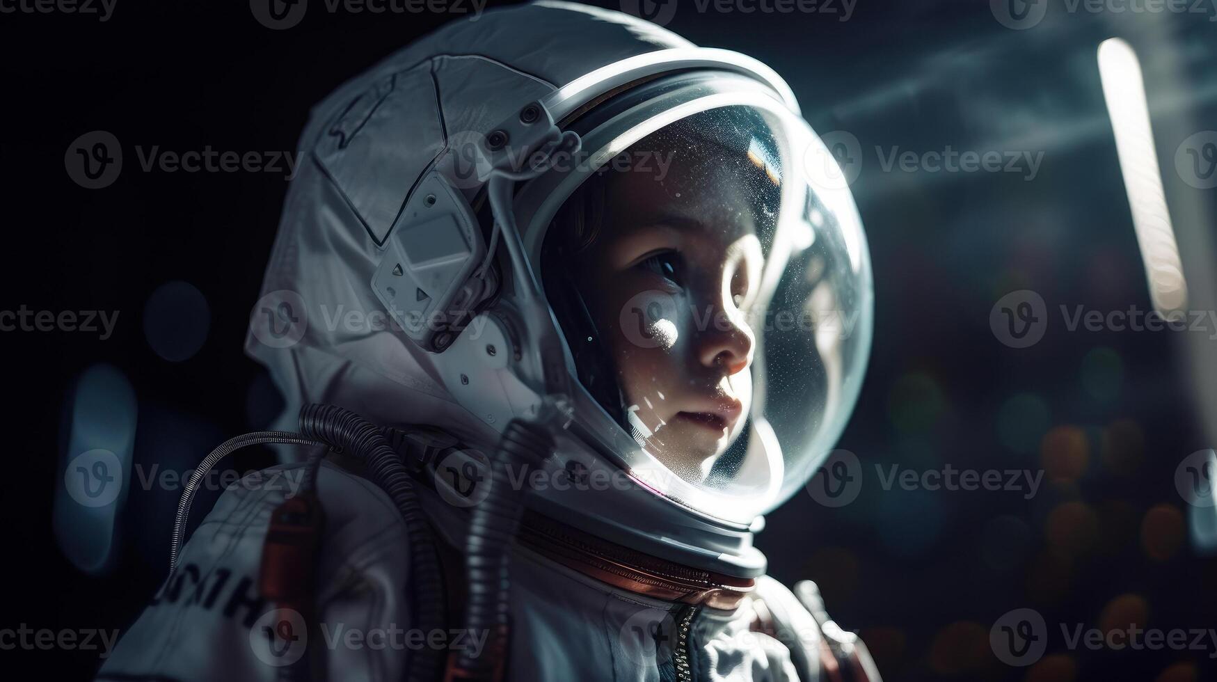Little kid wearing spacesuit. Cosmonaut concept. . photo