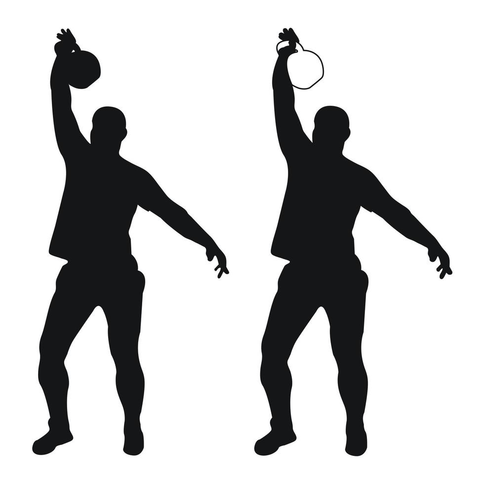 Set silhouettes athletes weight lifter lift kettlebell, weights. Weight lifting. Pull, push, bench press vector