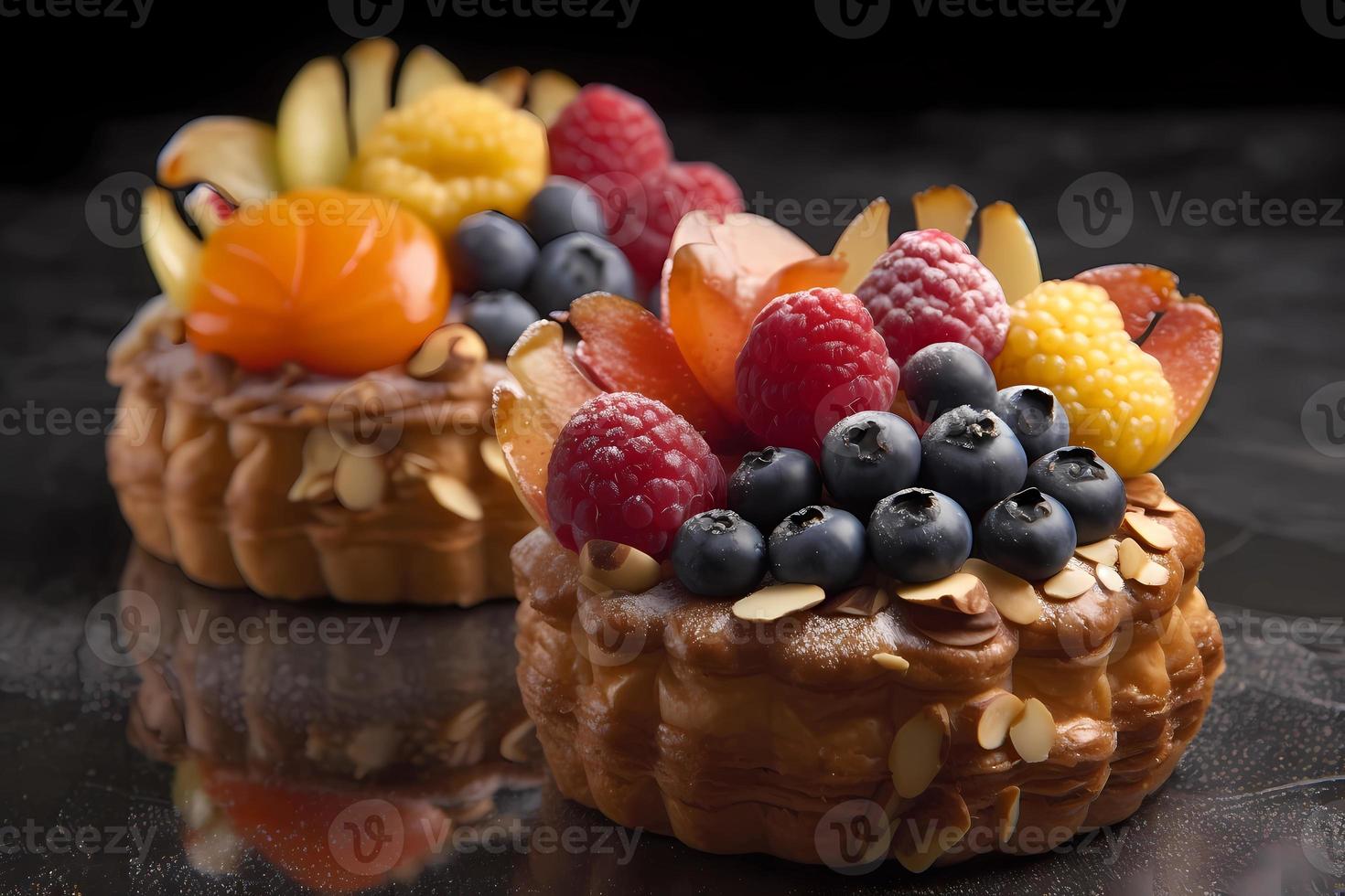 Luxurious designer pastries with berries in chocolate. Professional confectionery with strawberries, blackberries, tangerines. photo