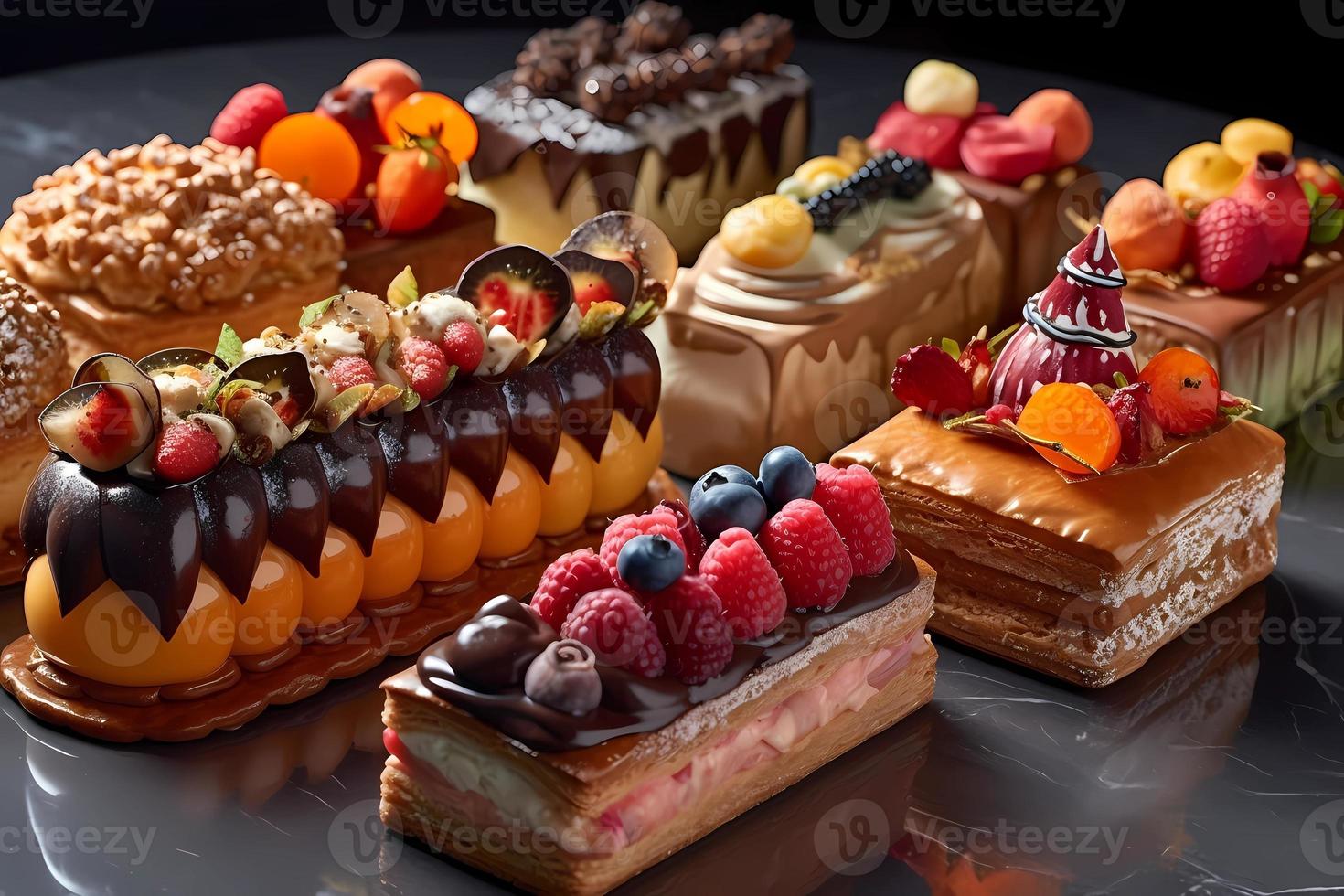 Luxurious designer pastries with berries in chocolate. Professional confectionery with strawberries, blackberries, tangerines. photo