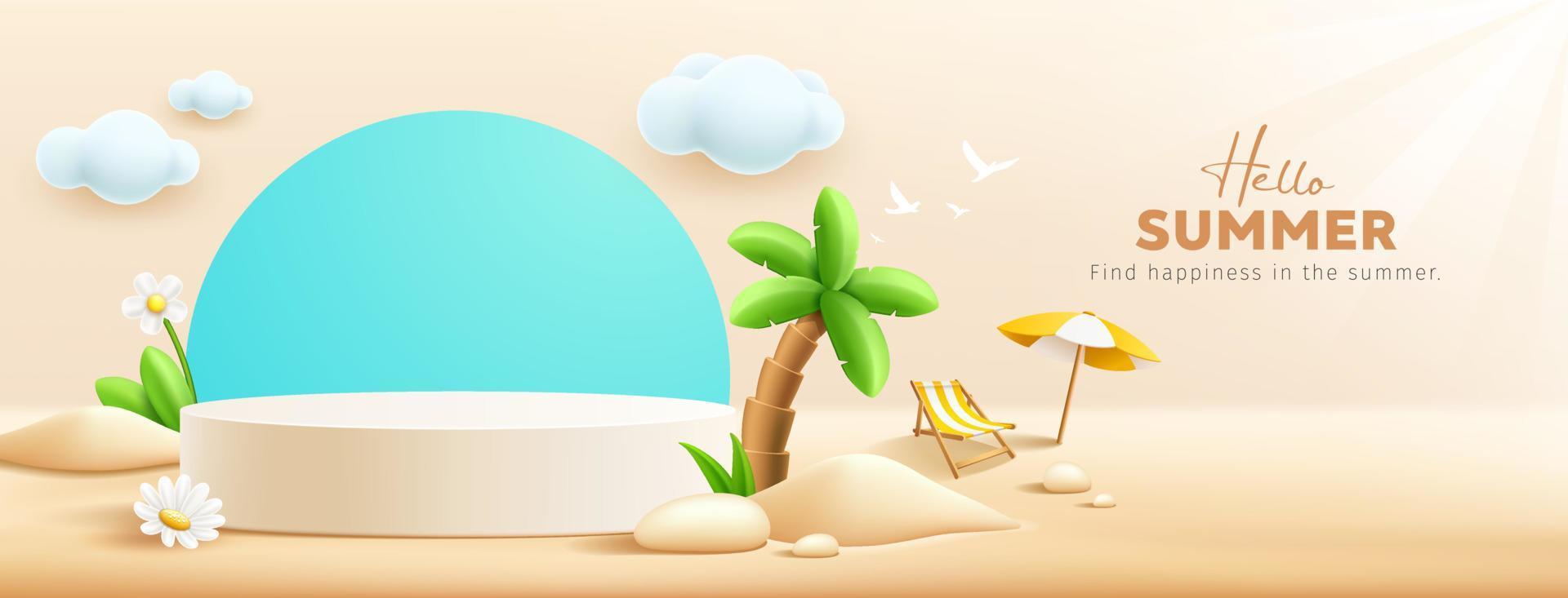 verano podio mostrar, pila de arena, flores, Coco árbol, playa paraguas, playa silla, bandera diseño, en nube y arena playa fondo, eps 10 vector ilustración