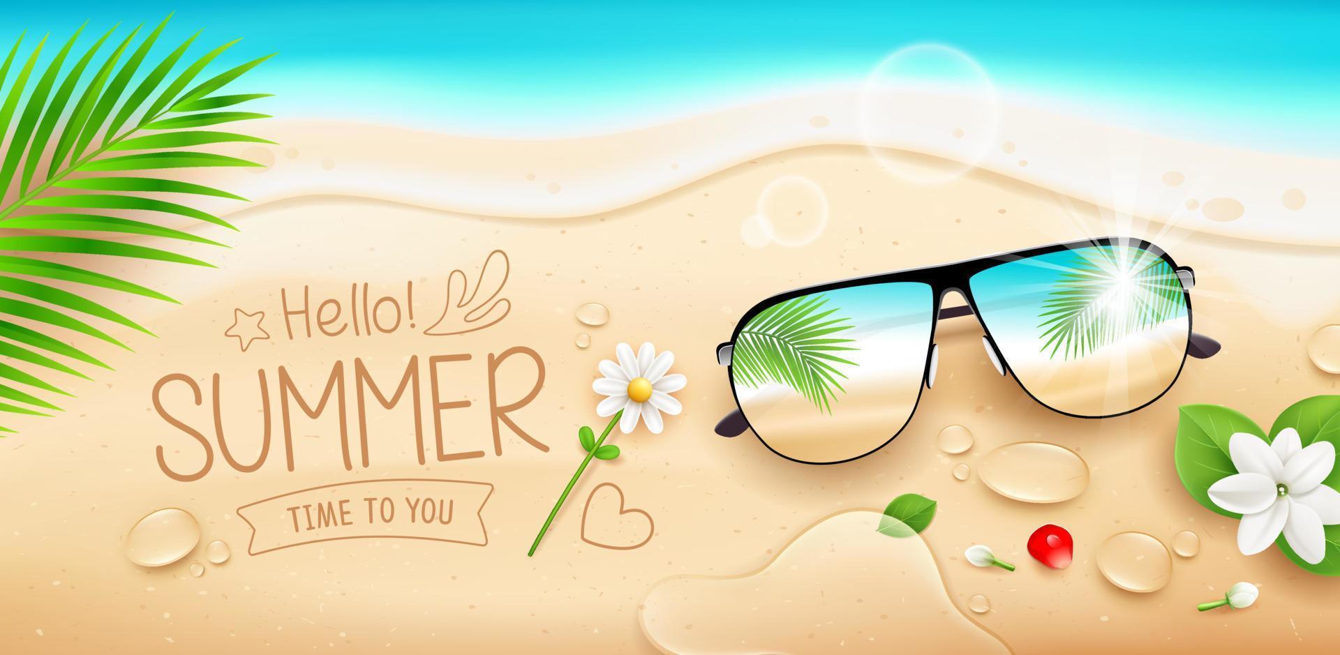 Summer holiday sunglasses, water drop, jasmine flower coconut leaf, poster flyer on sand beach background, Eps 10 vector illustration