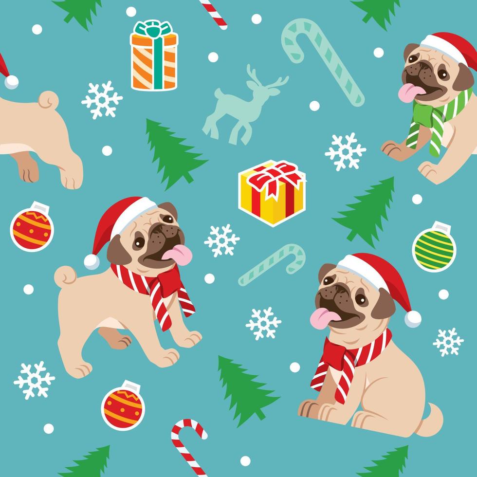 seamless happy pug dog christmas pattern vector