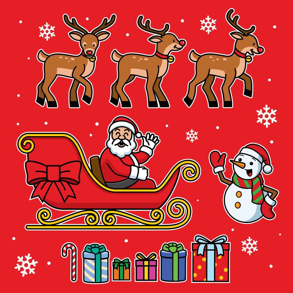 santa sleigh set with cartoon style vector