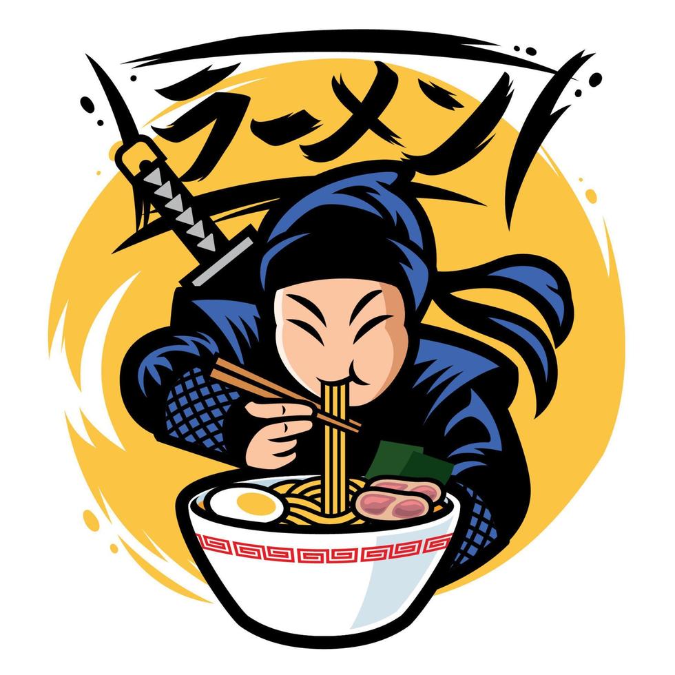 ninja mascota comer ramen con Japón palabra media ramen vector