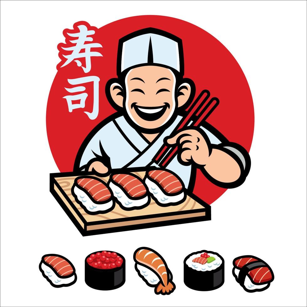 Sushi cocinero mascota con kanji palabra media Sushi vector