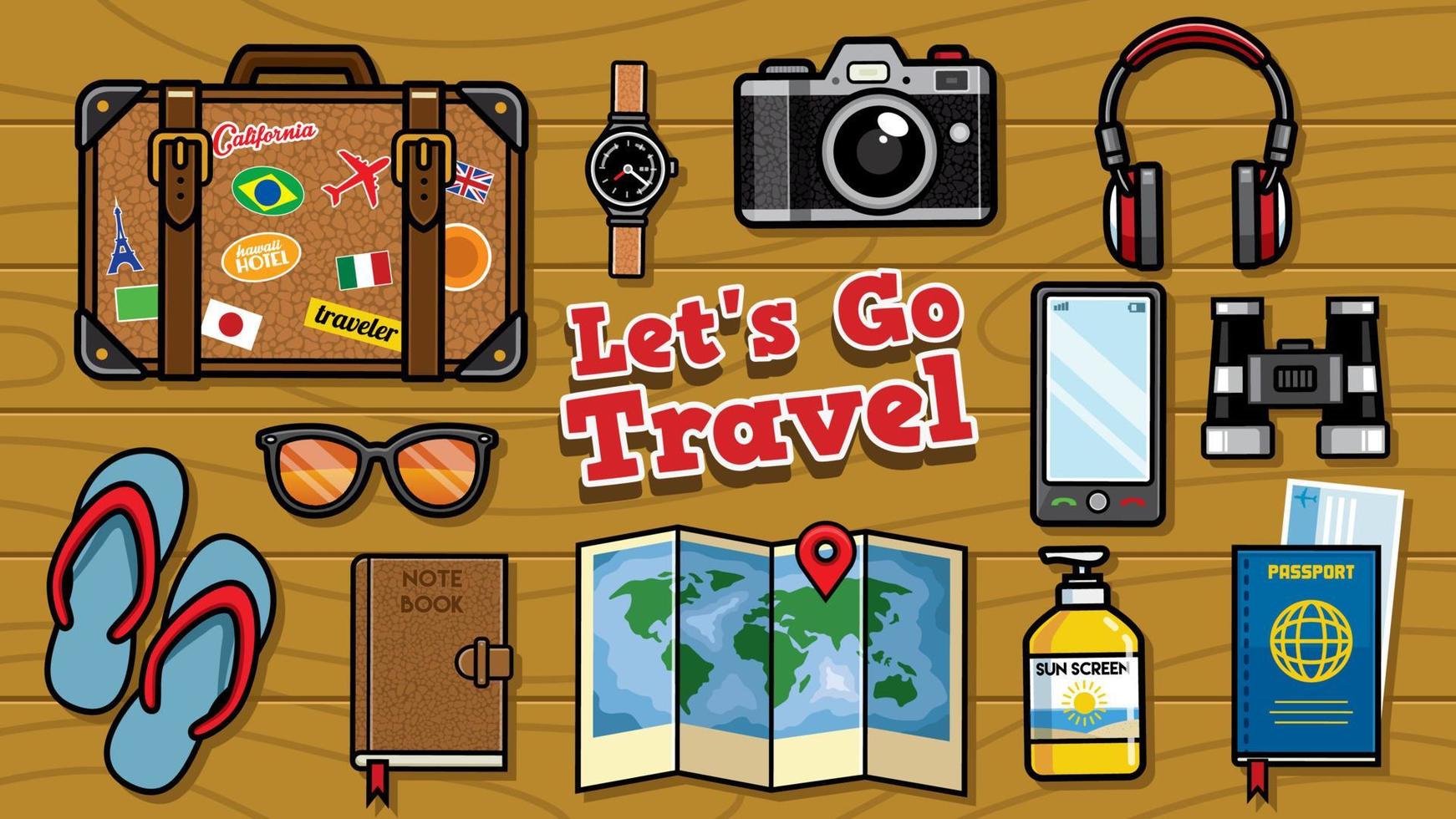 flat lay traveling objects set vector