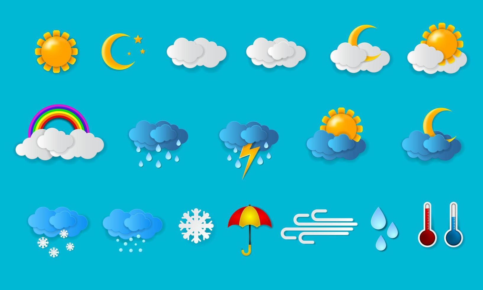 clima iconos papel cortar clima íconos colocar. clima pronóstico icono conjunto vector