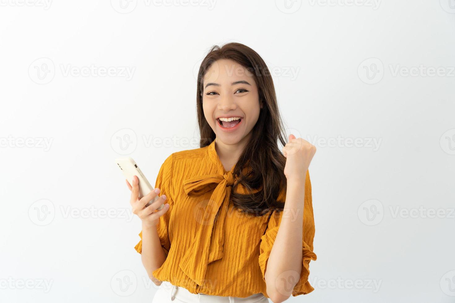 working woman, Portrait of smiling Asia girl in work clothes using mobile phone, freelance, out site, research, copy space, happy cheerful cute business, positive energy, Business plan photo